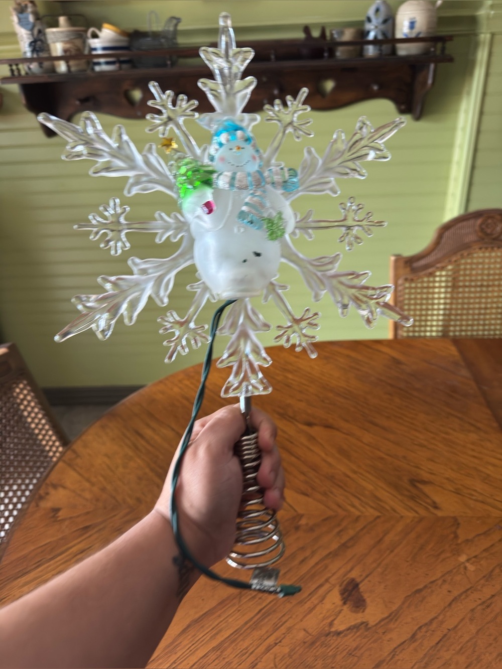Clear Snowflake Tree Topper with White Snowman Accent